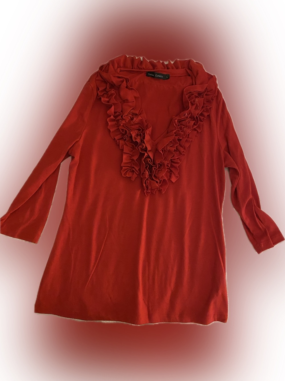 Causal Express Red Ruffle “Heart Shaped “ V-Neck Long-Sleeve Tunic